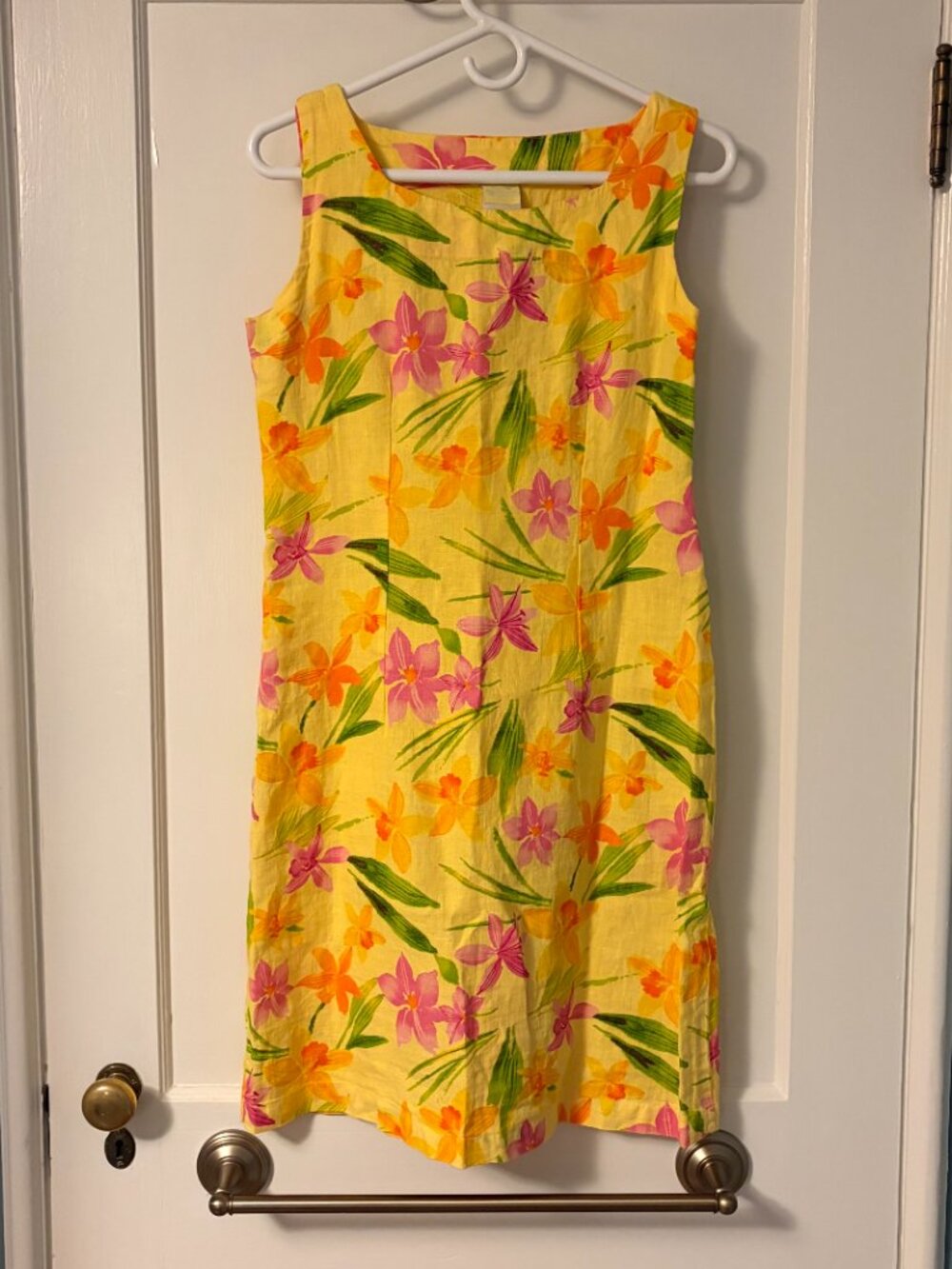 Vintage cotton connection linen floral mini dress tropical hawaiian print yellow